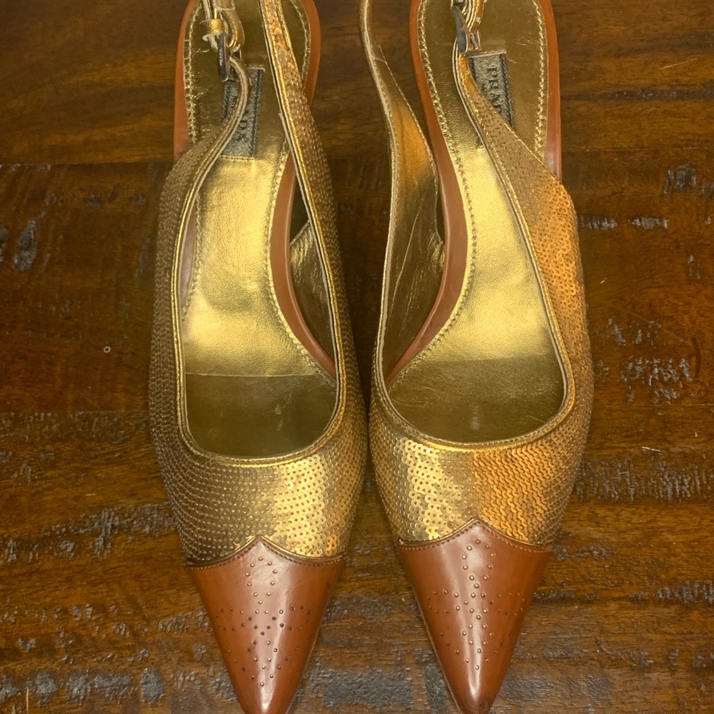 Prada VTG Gold and Brown Kitten Heels with Sequins and Leather